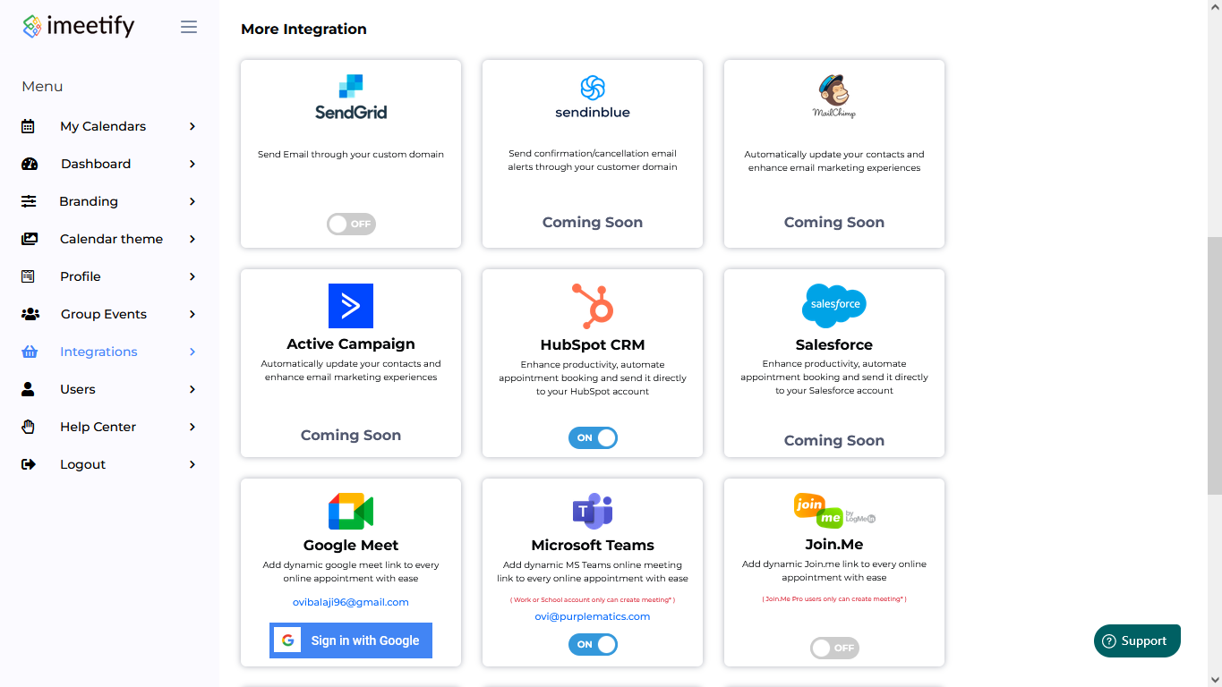 Toggle on enable integration and off to de-link the integration